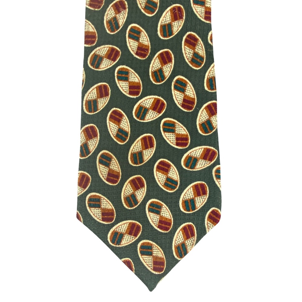 Meeting Street Mens Silk Tie Olive Green Oval Geometric Medallion USA 57x4"